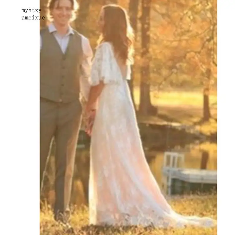 Платье для свадьбы Boho кружевное платье большого размера с треугольным вырезом и