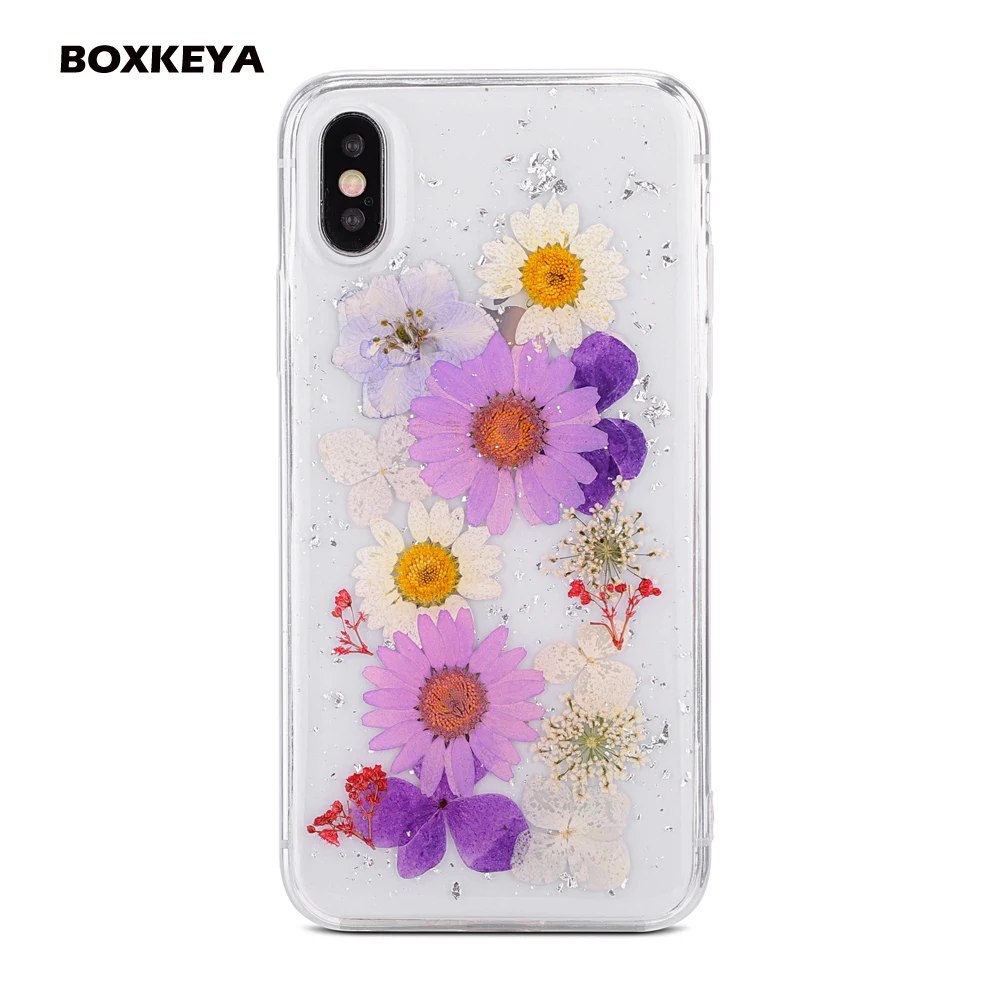 100% Handmade Natural Foil Bling Real Dried Flowers Cases For iphone X 6 6S 7 8 Plus Case Clear Soft TPU Phone Back Cover Coque |