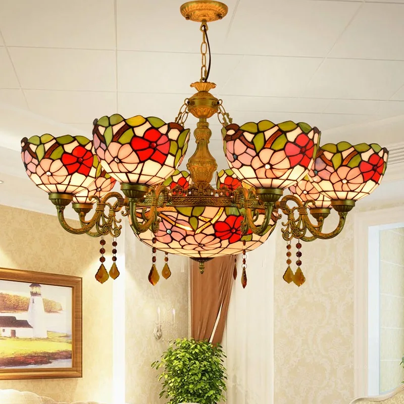 

European style retro pastoral red happy morning glory living room restaurant bar club long crystal pendant lamp 110-240V