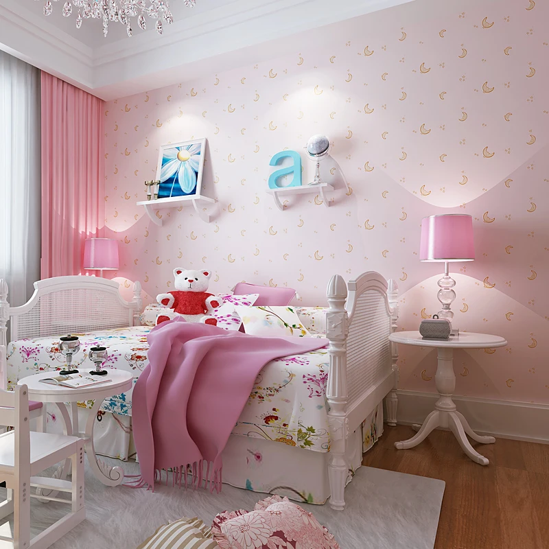 Children's room wallpapers for kids boy girl blue starry sky moon cartoon non-woven wall paper bedroom warm color household deco