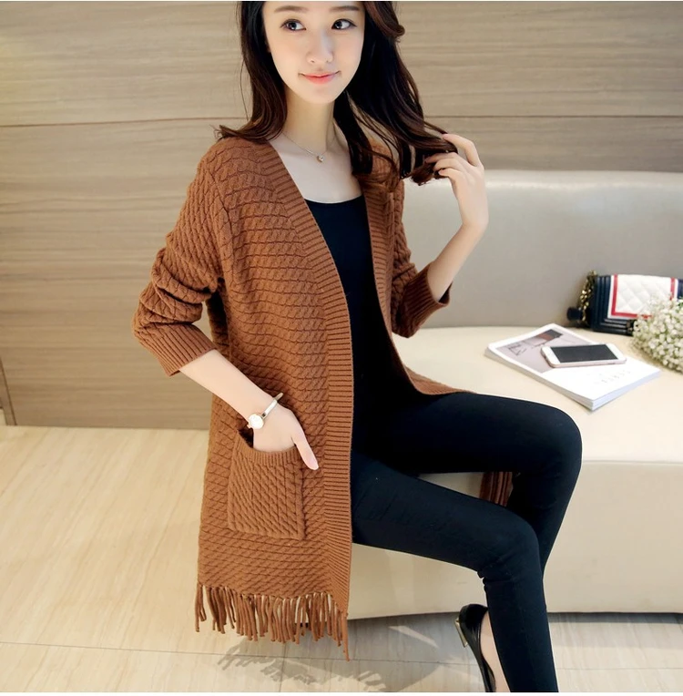 Кардиган с длинным рукавом, свитер, пальто для женщин, весна-осень, длинный свитер с кисточками и карманами, плюс размер, Женская вязаная куртка, топы
