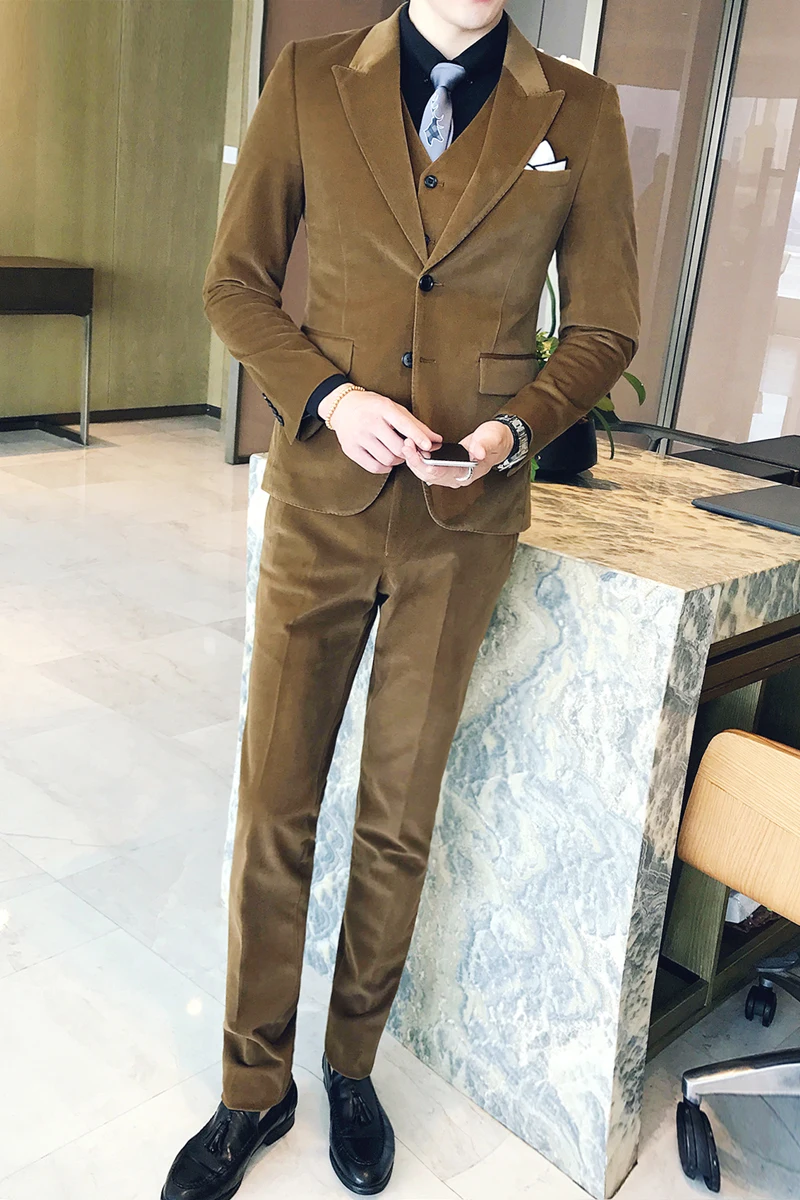 Коричневый зеленый вельветовый костюм Slim Fit Vestito Uomo курить Британский Terno Masculino