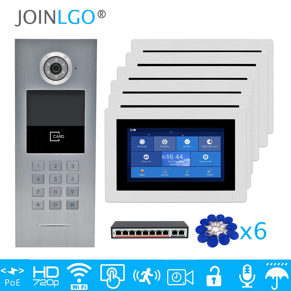

Free Shipping 6 Apartments POE 720P IP Wifi 7" Touch Screen Record Video Intercom Door Phone Code Keypad RFID Outdoor Camera