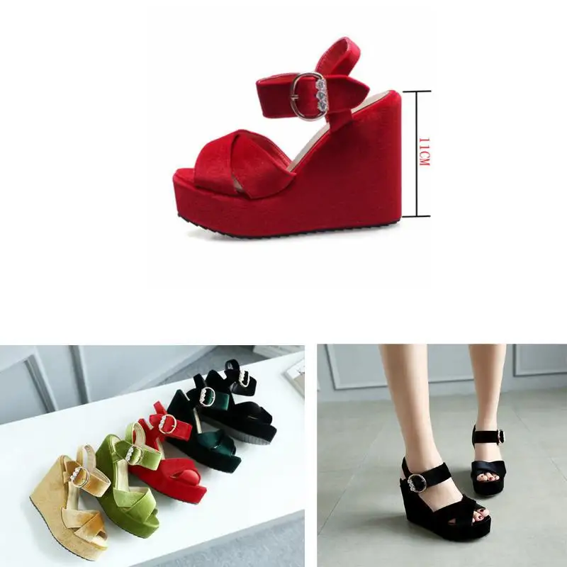 ASILETO wedges Sandals women Platform shoes High Heels Ankle Strap flock Ladies peep toe footwear sandalia sandales green S412|sandals for|sandals