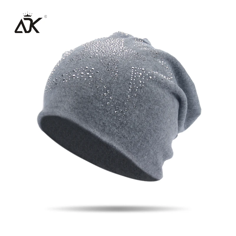 Хлопчатобумажная женская вязаная шапка Skullies Beanies со стразами и пентаграммой