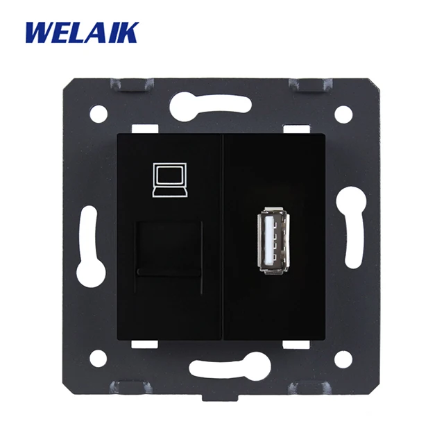 WELAIK стандарт ЕС-компьютер+ usb-розетка DIY-части стены-компьютер+ USB розетка-части без-стекло-панель A8COUSW/B - Цвет: Black