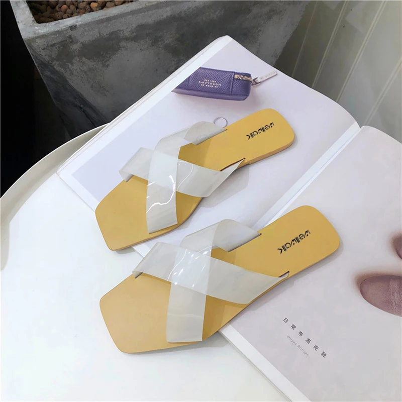 Wellwalk Для женщин кросс тапочки с шнурками женские прозрачные плоские шлепанцы без