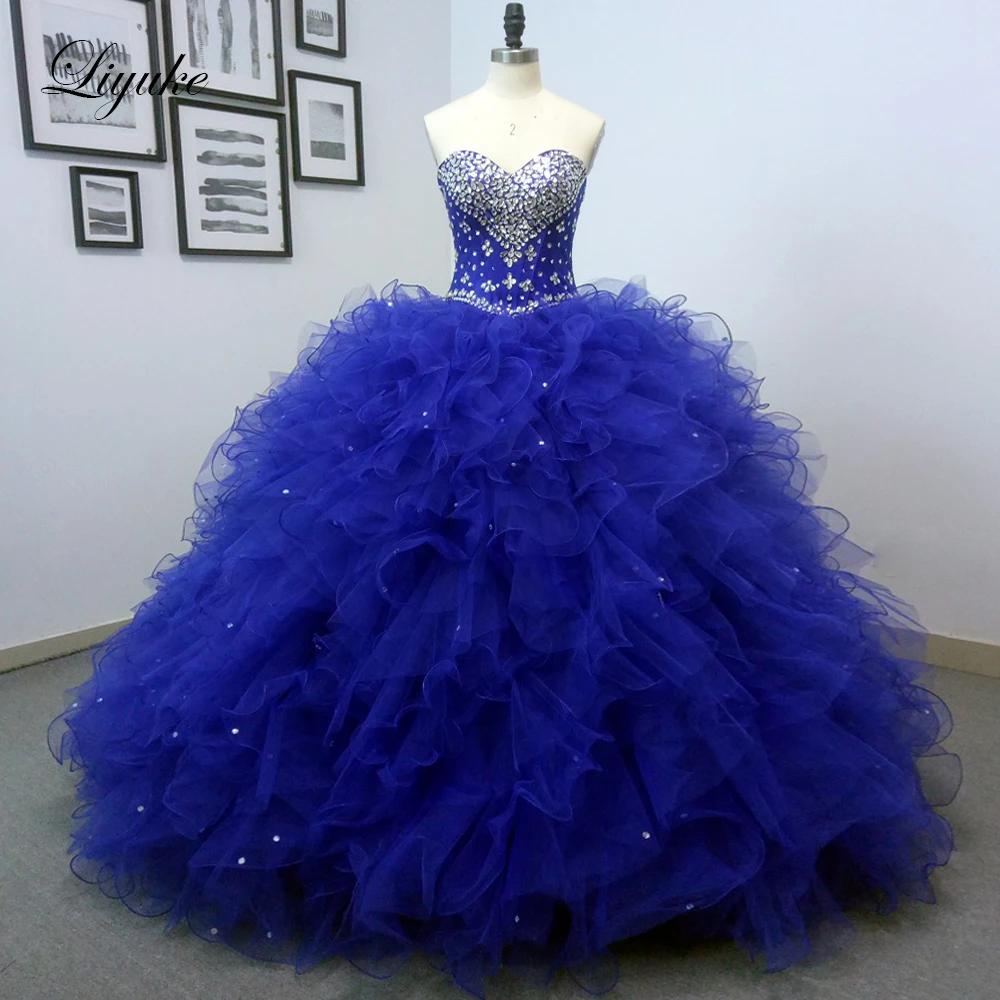 Фото Liyuke очаровательное бальное платье без бретелек на заказ, платья Quinceanera со стразами и кристаллами сзади на шнуровке №1