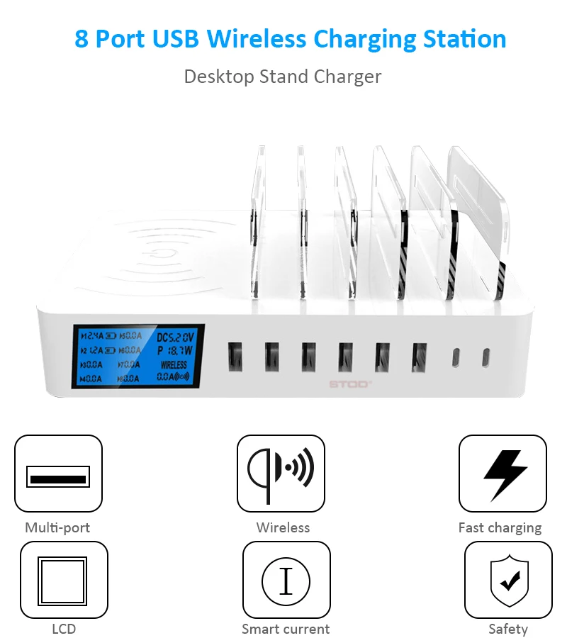 STOD Qi Беспроводное зарядное устройство светодиодный дисплей usb зарядная станция Тип C подставка для телефона для iPhone XR samsung huawei mate 20 Pro Mi адаптер