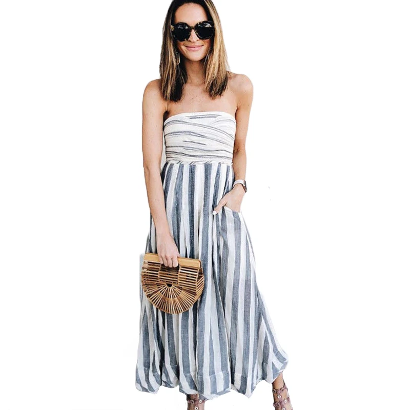 Женский полосатый комбинезон без бретелек Свободный Длинный Облегающий с