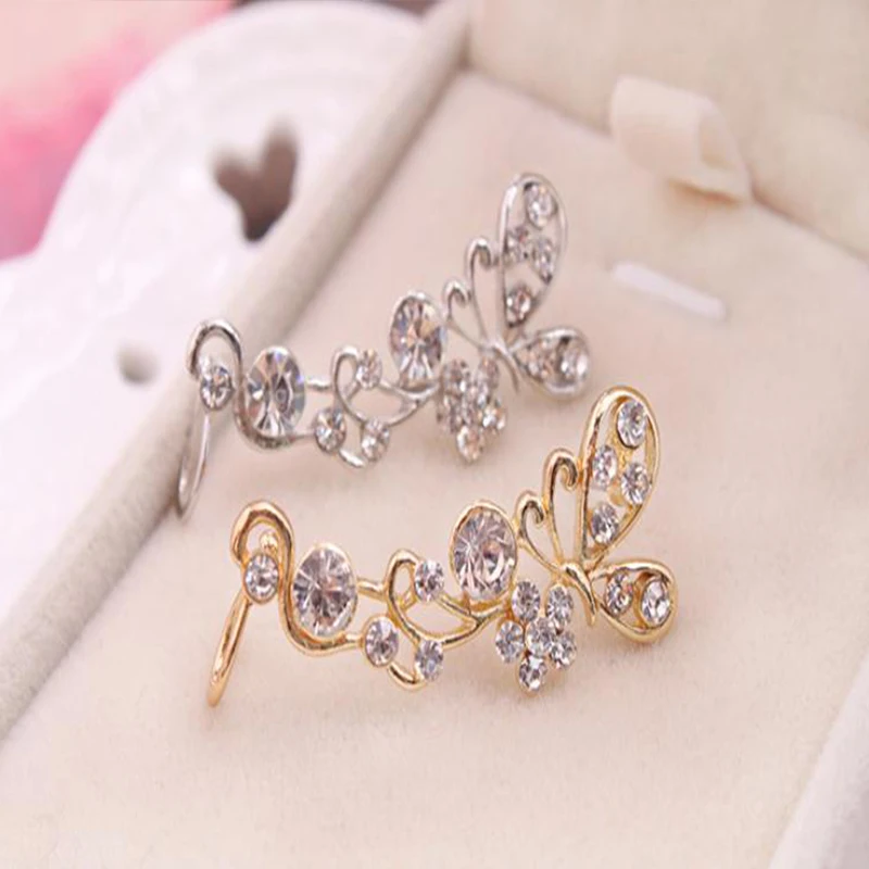 Хит модных продаж Серьги клипсы со стразами и бабочкой в форме U Клипсы из