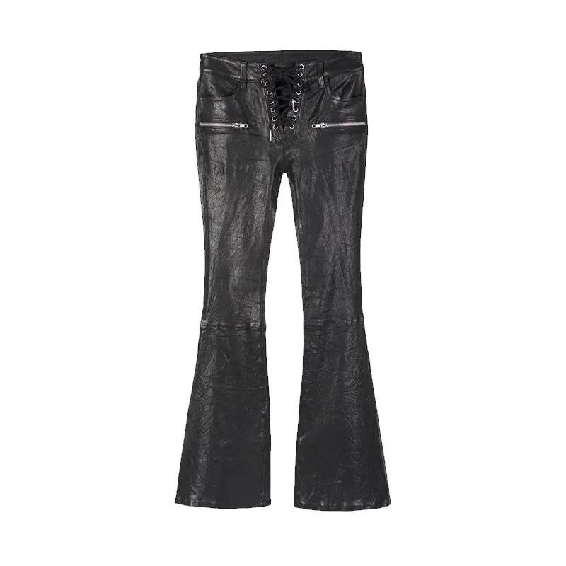 Brand Fashion Women Sexy Lace Up Skinny Wide Leg Pants Sheepskin Genuine Leather Stretch Flared Trousers Lady Gothic Pants