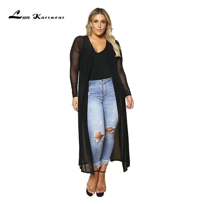 Lan Karswear Beach Cape xxxl Long cardigan Solid Full Pearl Chiffon Color Perspective Large Size Clothes W |