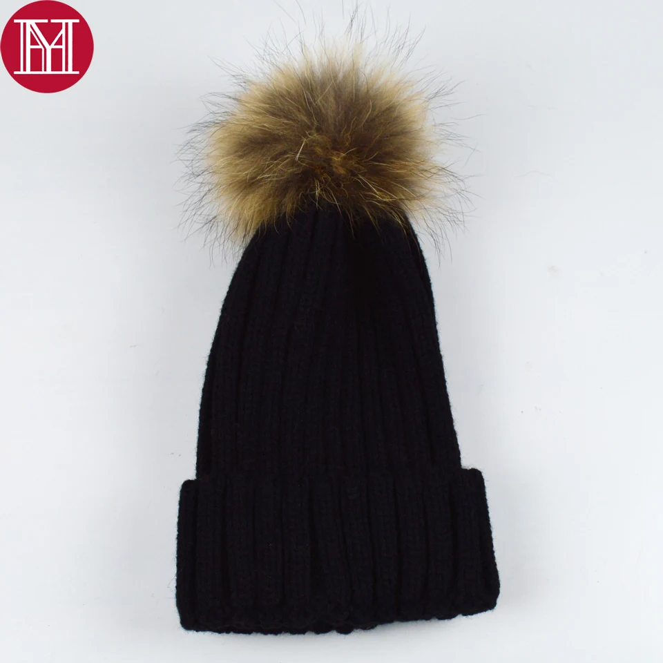 Вязаные облегающие шапки унисекс шапка с шариком из натурального меха енота 14 см