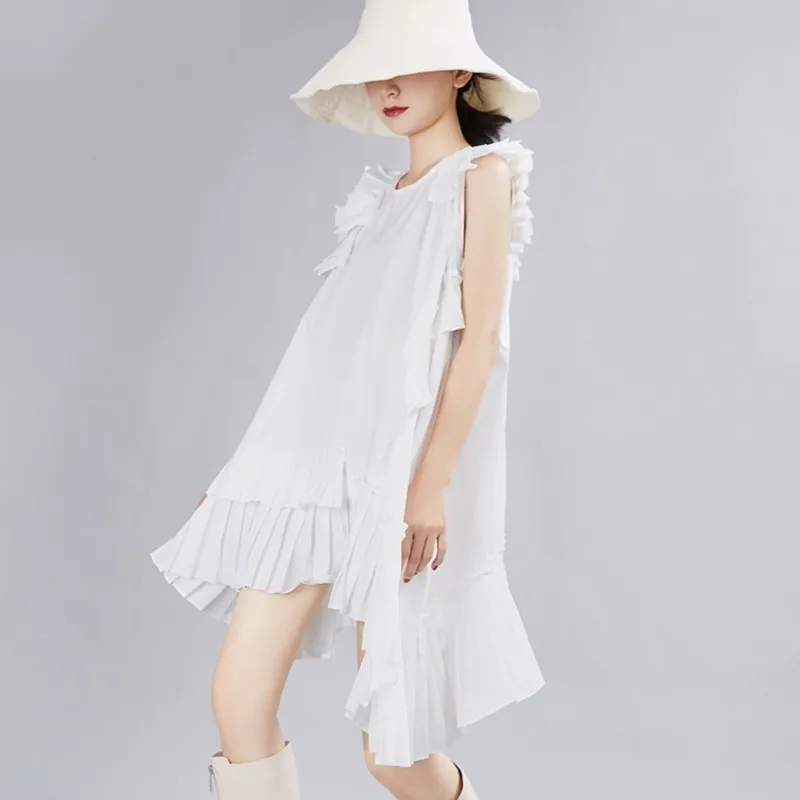 TWOTWINSTYLE Korean Solid Sleeveless Dress For Women O Neck Off Shoulder Oversized Ruffles Asymmetrical Dresses Female