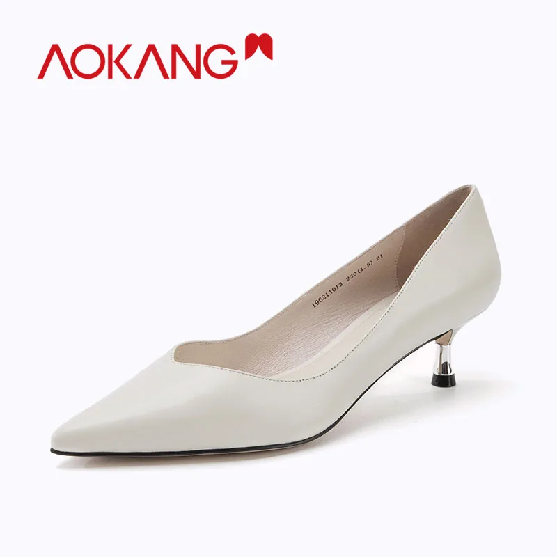 AOKANG New summer Women Solid Genuine leather High Heel Shoes Thine Heel Slip on formal ladies pumps Pointed Toe shoes - Color: 196211013