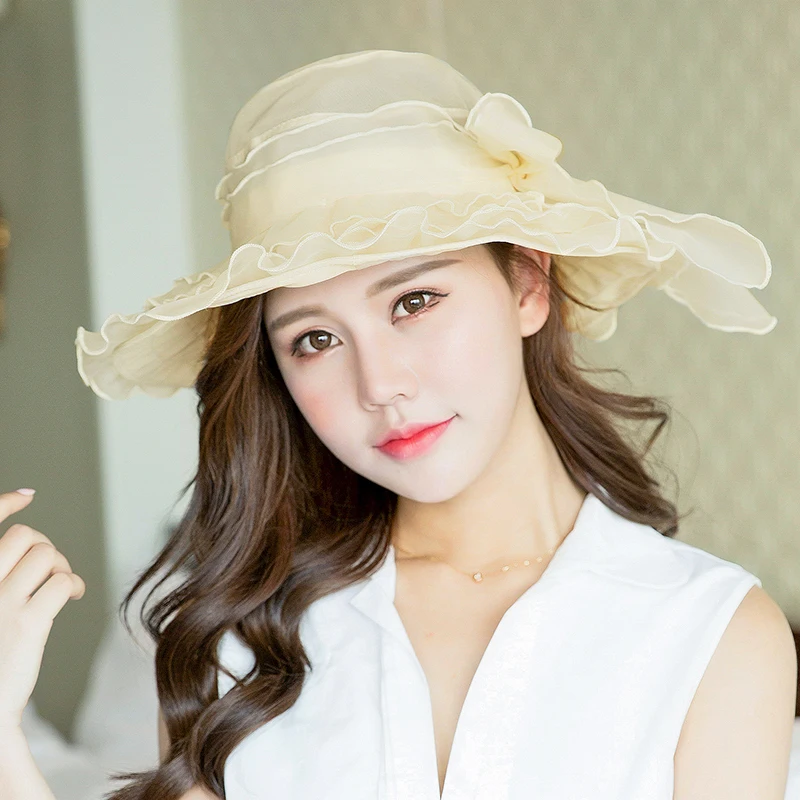 2017New Широкими Полями Органзы Цветок Пляж Колпачок Для Женщин Лето Дышащий Вс Hat