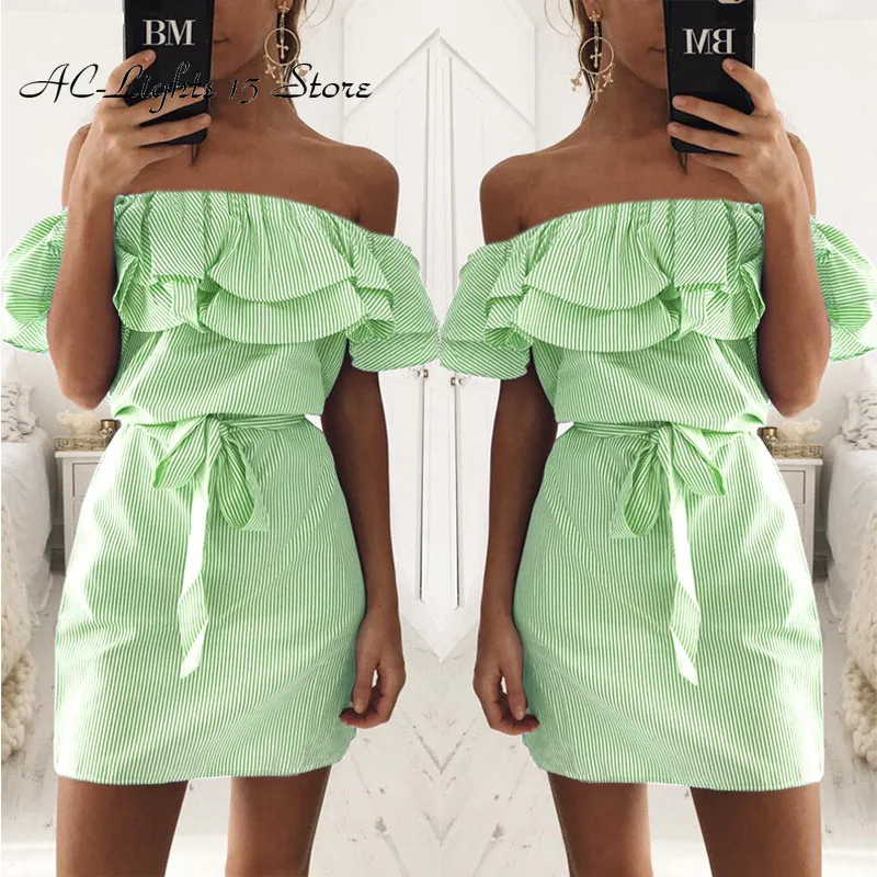 Женщин Праздник плиссированное платье Boho зеленый в полоску пикантные летние Slash