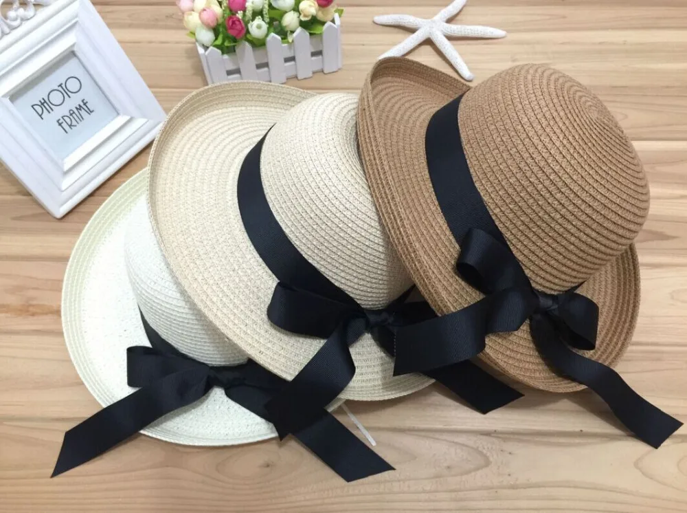 1Pcs Summer New Womens Sun Hat Black Bowknot Ribbon Flanging Straw Hat Beach Caps Head Circumference 56-58 cm 3 Colors 6113