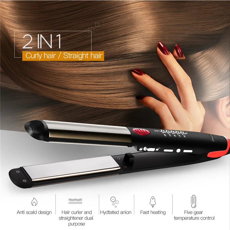 

2 In 1 Professional Twist Hair Curling & Straightening Iron Hair Straightener Dry Wet Hair Flat Iron Hair Styler Tool Dual-Use