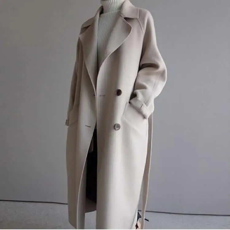 off white Шерстяное хлопковое тонкое женское пальто Новая мода средней длины стиль с поясом тонкое пальто в Корейском стиле женское элегантное приталенное пальто на пуговицах - Цвет: off white