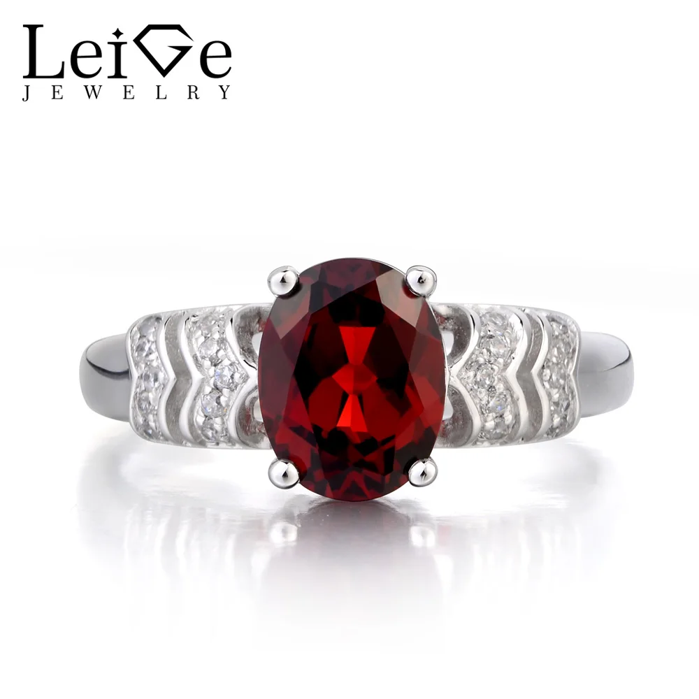 

Leige Jewelry Real Natural Garnet Ring Anniversary Ring Oval Cut Red Gemstone January Birthstone Solid 925 Sterling Silver Ring