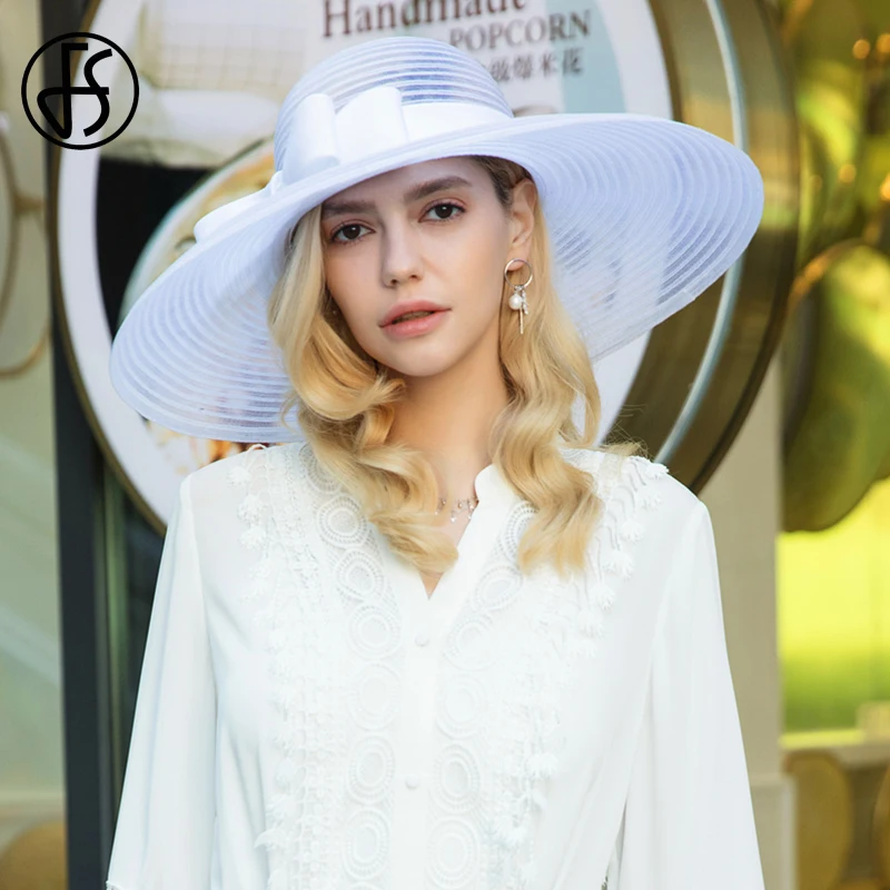 Женская винтажная шляпа FS с широкими полями и бантом черная белая летняя