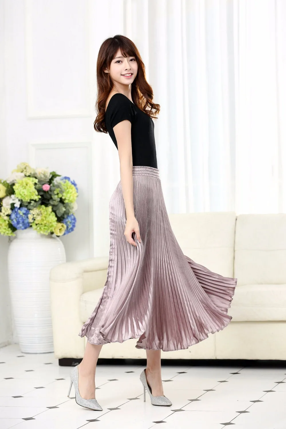 2017 весенне Летняя женская Однотонная юбка принцессы металлик Женская длинная