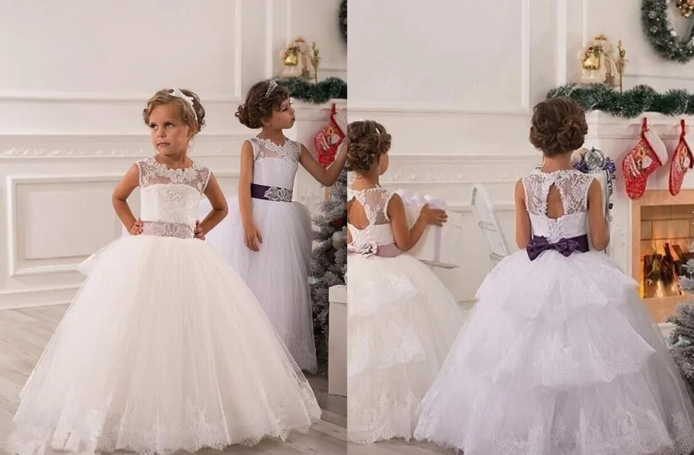 Белое Цветочное платье для девочек кружевное бальное с аппликацией многослойное