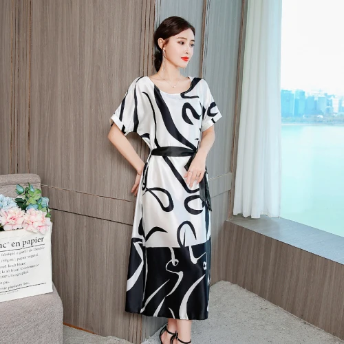Женское винтажное длинное шелковое платье летние платья с круглым вырезом и