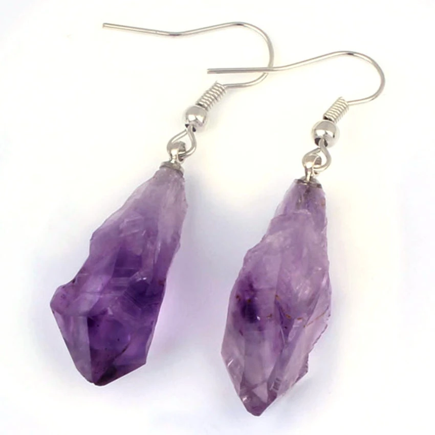 

Trendy-beads Popular Silver Plated Irregular Shape Stone Natural Purple Amethysts Quartz Earrings For Women Designs Jewelry