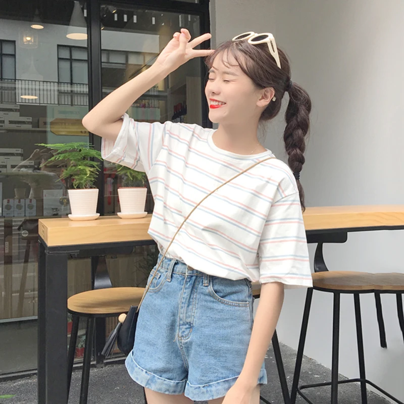 YouGeMan футболка женская летняя мода Blusas корейский Ulzzang Harajuku простая полосатая с
