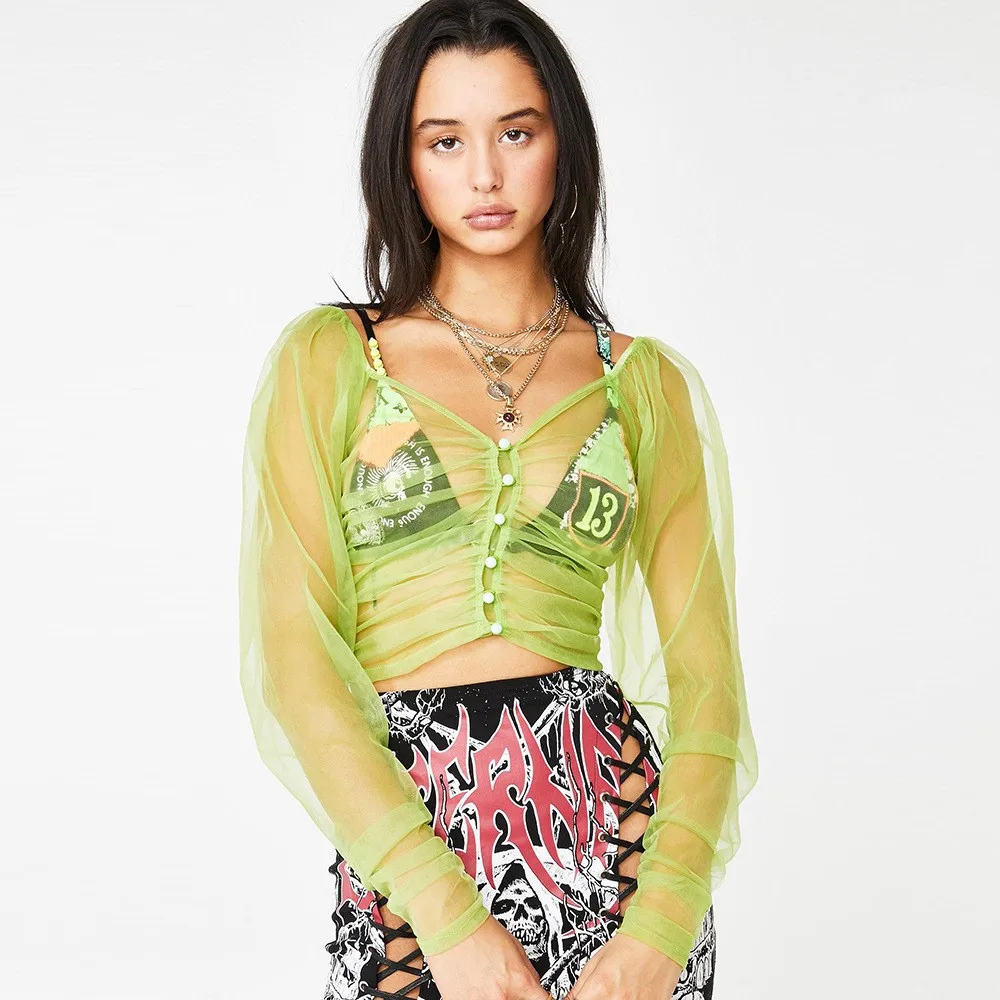 V-neck Solid Lace Blouses Shirts Women Summer Sexy Mesh Crop Top Ladies Long Sleeve Fishnet cwa0182-5 |