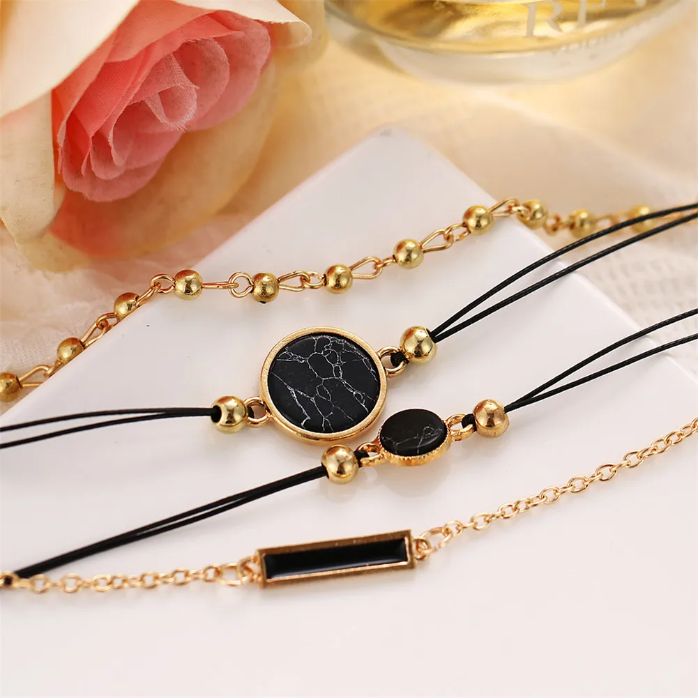 Браслет-цепочка Женский с черными бусинами 4 шт. | Украшения и аксессуары