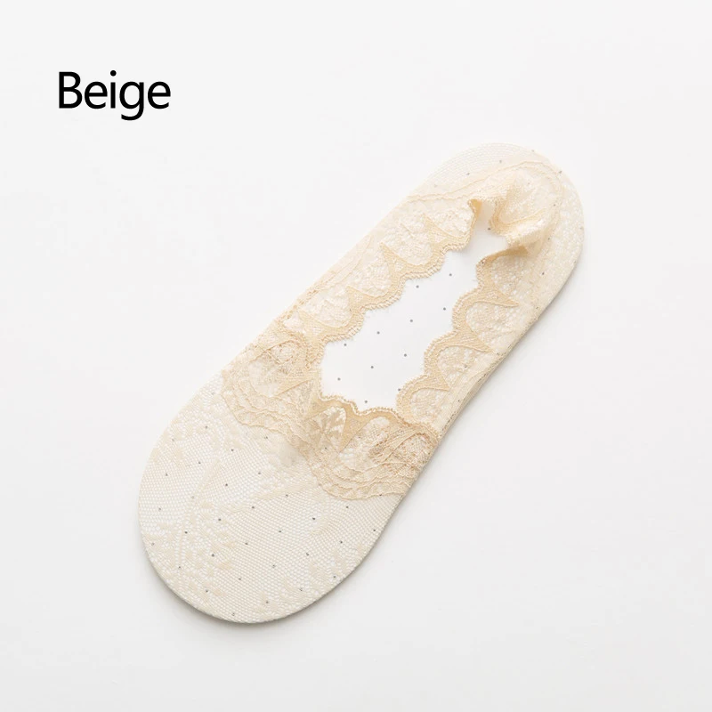 Beige Женские тонкие носки-лодочки кружевные неглубокие невидимые носки летние тапочки короткие однотонные Нейлоновые женские носки без показа - Цвет: Beige
