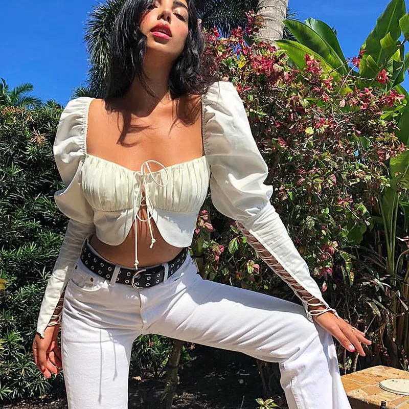 

2019 Vintage Square Collar Puff Sleeve Strap Short Open Navel Sexy Top Cotton Women Blouse