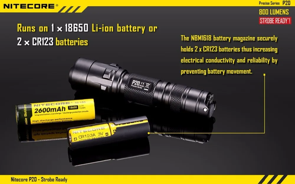 NITECORE P20 фонарик CREE XM-L2(U2) светодиодный Макс. 800 лм луч двойной переключатель задний светодиодный фонарь для спорта на открытом воздухе+ NITECORE NTH30B