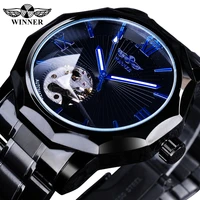 winner 2019 black stainless steel fashion blue hands mens mechanical watch top brand luxury irregular shape dial luminous hands