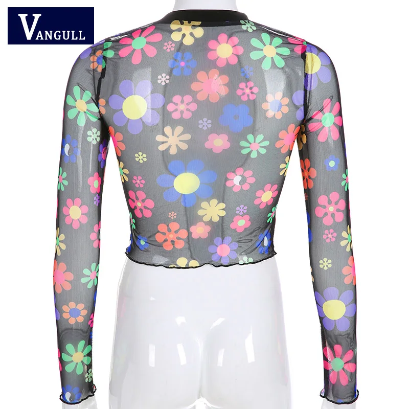 Vangull Black Mesh Сексуальная футболка Для женщин с длинными рукавами принтом Короткие