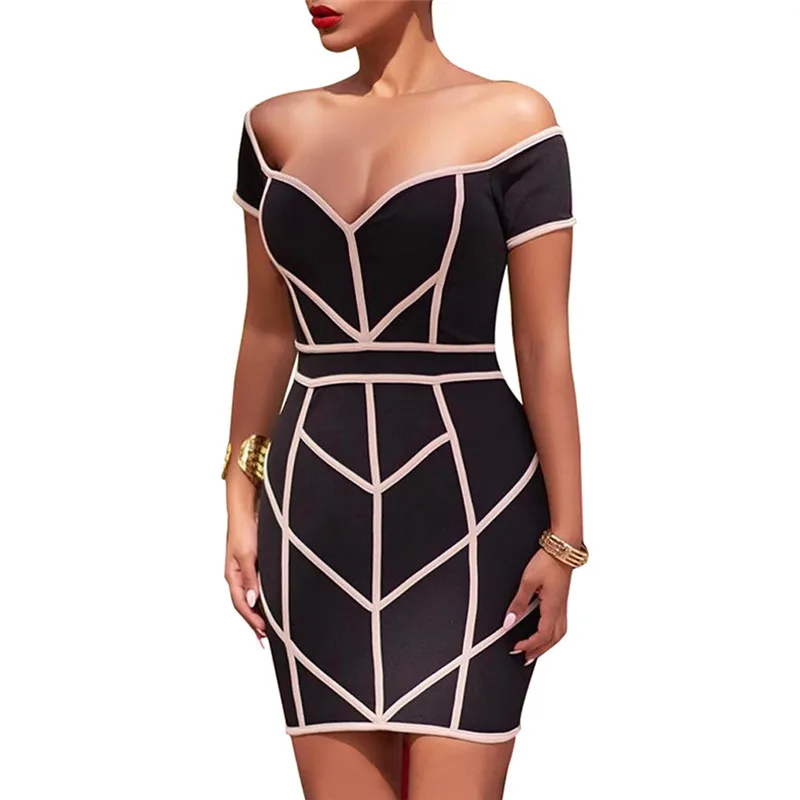 Летние черные Лоскутные короткий рукав пикантные Клубные платье с плеча