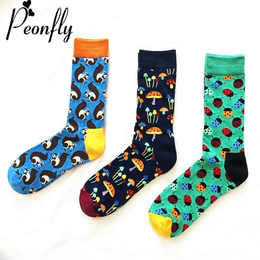 

PEONFLY Fashion funny novelty men sock Man Personality Cartoon Squirrel Mushroom Pattern Male casual Cotton Socks