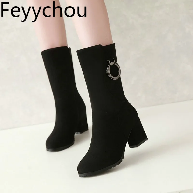 Женские ботинки Сезон осень-зима Теплые Челси из флока до середины икры на