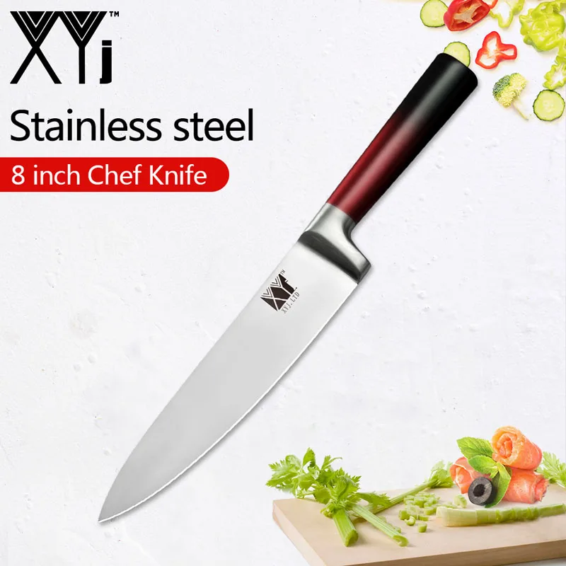8inch Chef Knife XYj набор кухонных ножей из нержавеющей стали с красной и черной ручкой того же цвета, 8 дюймов, подставка для ножей, точилка для ножей, кухонный набор для приготовления пищи - Цвет: 8inch Chef Knife