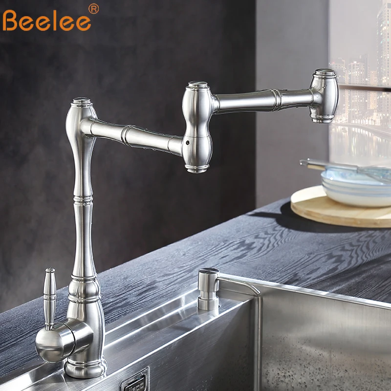 

Beelee Brass Articulating Kitchen Faucet Pot Filler Double Joint and 360 Degree Rotating Aerator Wall Mount Taps BL1721N