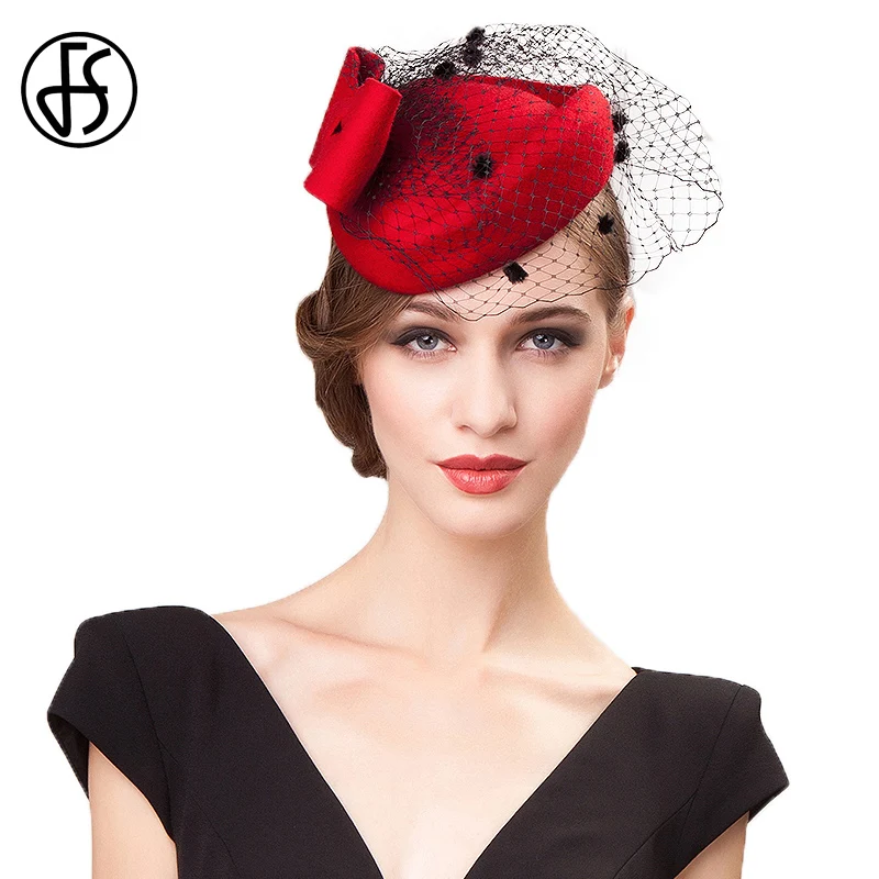 

FS Elegant Derby Cocktail Hats Australia Wool Women Pillbox Hat With Veils Lady Red Black Bowknot Wedding Dress Felt Fedora