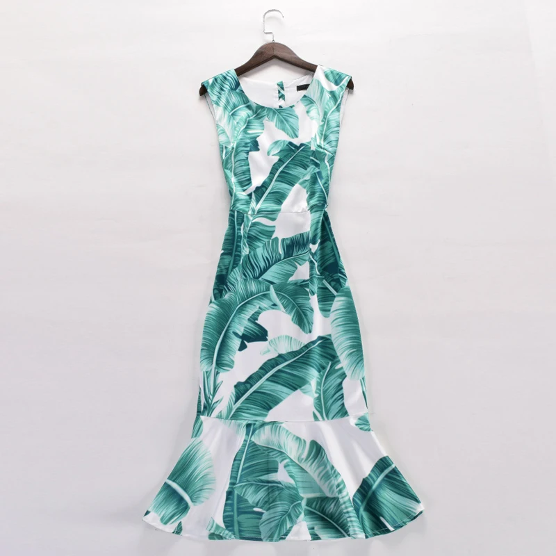 

2017 Womens Retro Vintage Summer Sleeveless Elegant Dresses Plus Size Runway Knee -Length Trumpet Banana Leaf Print Dress
