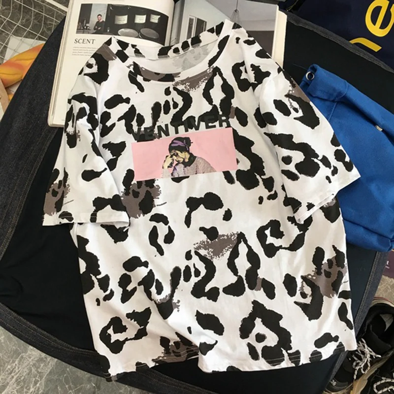 Женская футболка s хлопковые футболки с короткими рукавами леопардовые