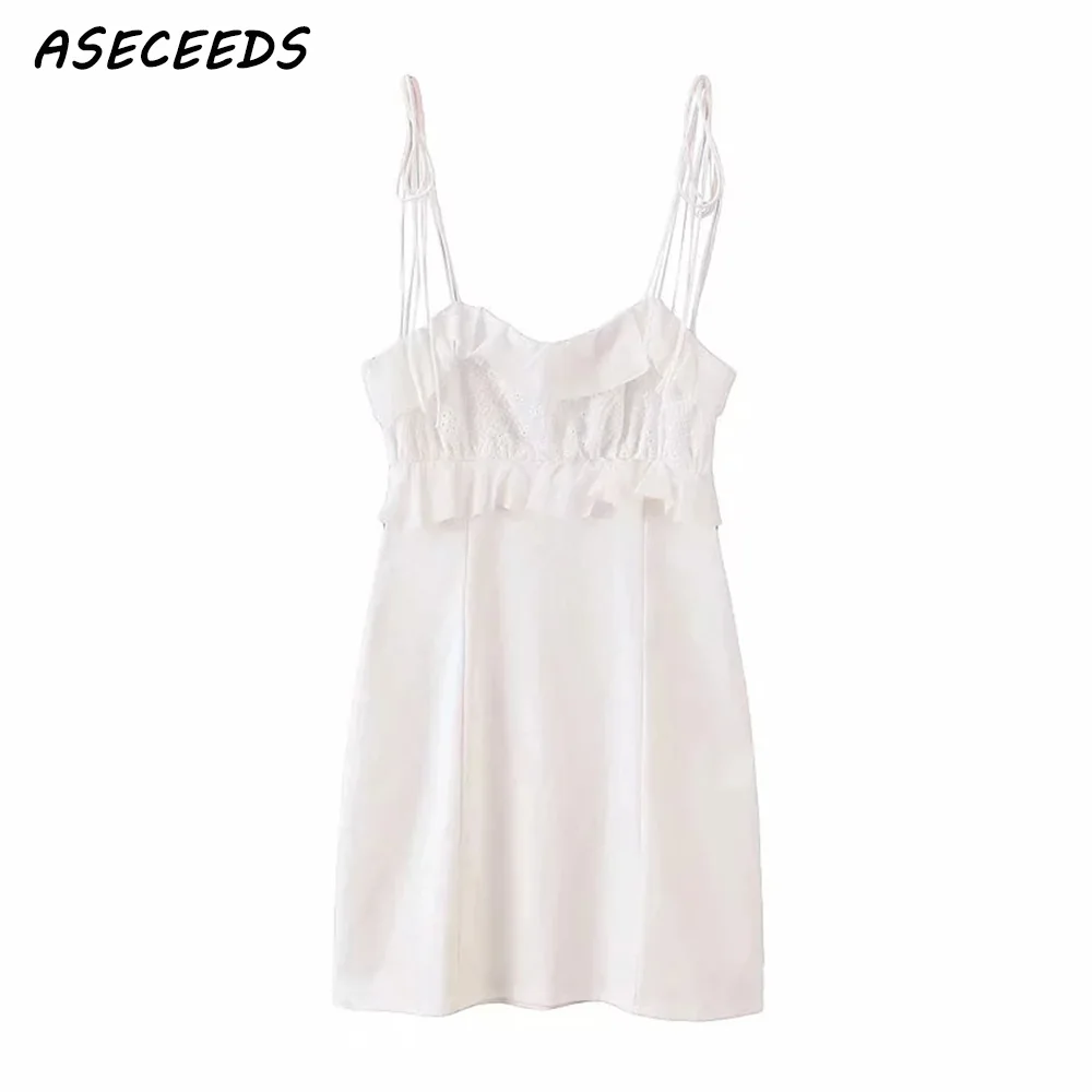 Женское мини-платье белое Повседневное платье без рукавов с рюшами в стиле бохо