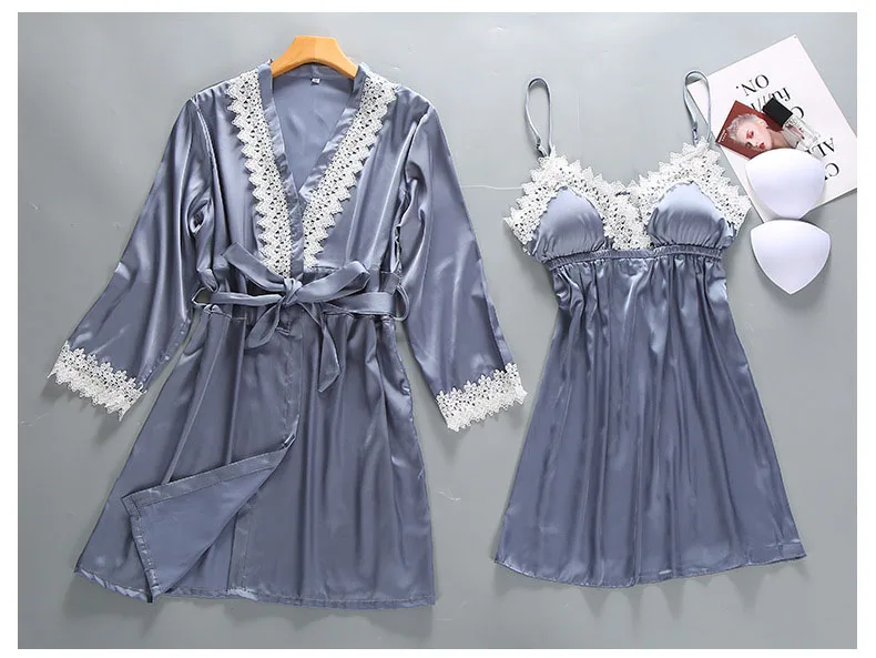 Queenral 2 шт Robe платье комплекты Для женщин пижамы Для женщин пикантные кружевной Халат+ мини-платье ночи халат комплект одежды для сна лето белье халатхалатикшелковый халатженский халаткружевной халатхалатик сексу