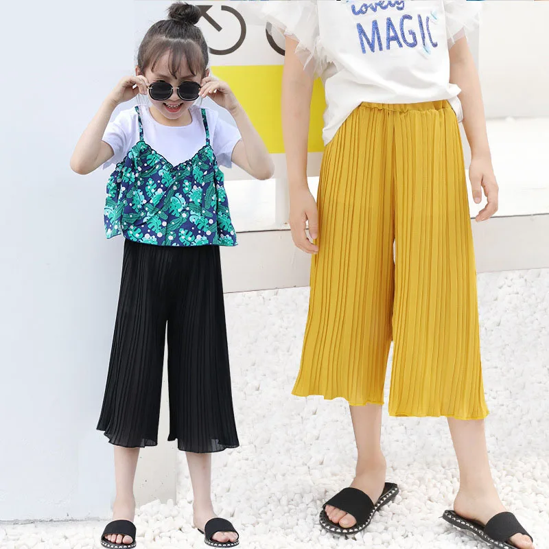 

Girls Pants 4-14y Children Summer Loose Calf-length Pants Girls Casual Chiffon Pleated Pant Kids Wide Leg Pants